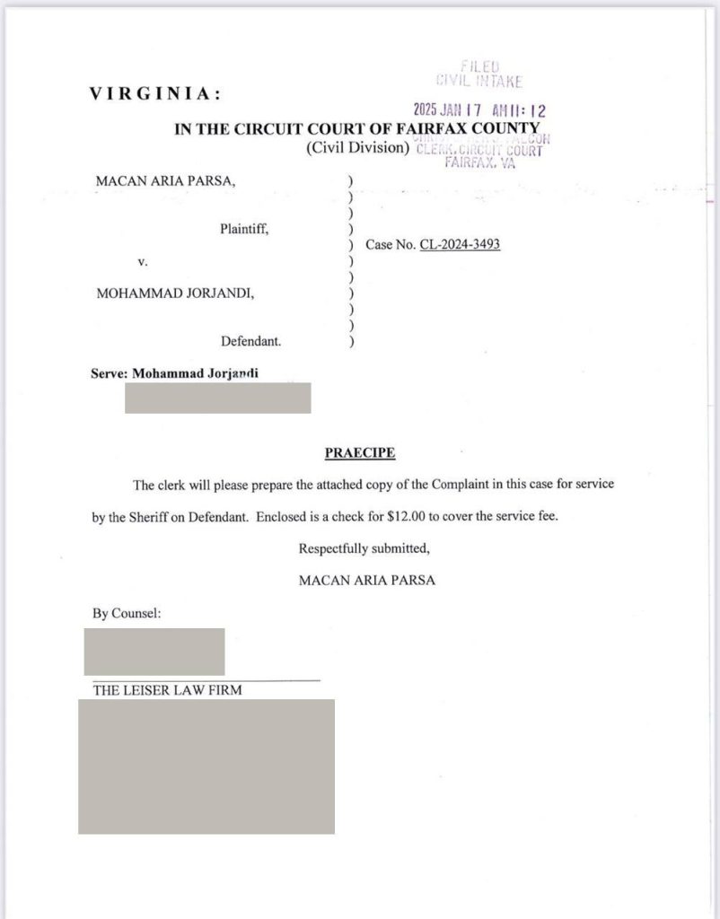 شکایت ماکان آریا پارسا علیه محمد جرجندی در آمریکا